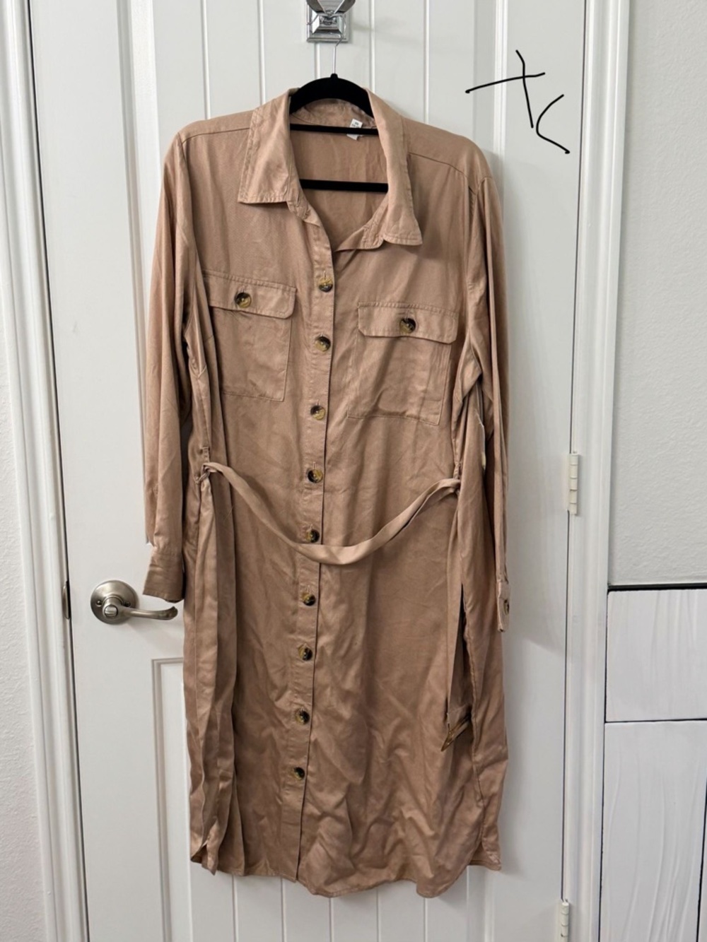 Button-Front Shirt Dress in Light Taupe